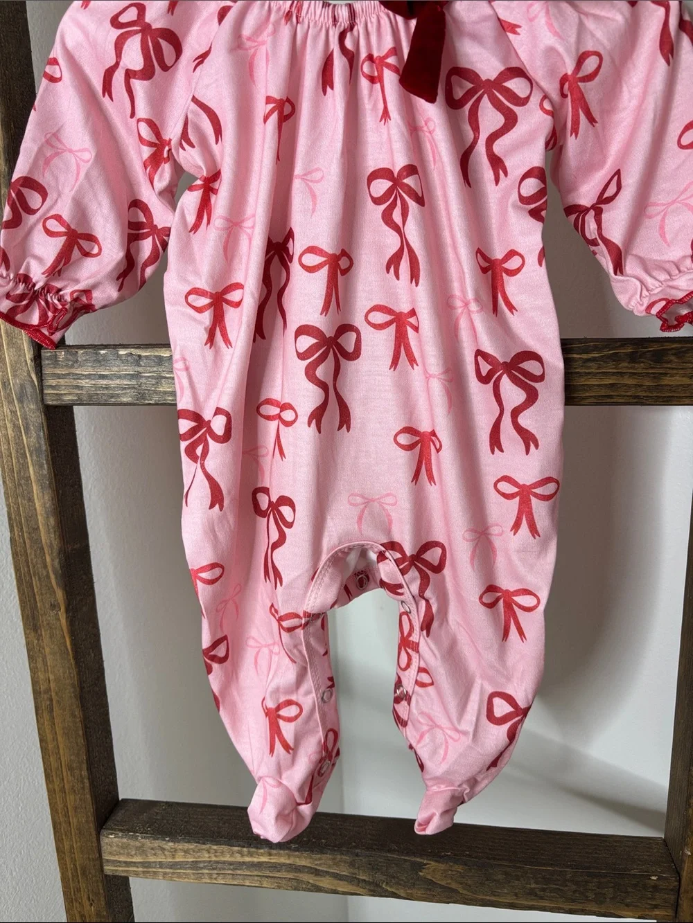 Pink and Red Bow Print Footie One-Piece with Velvet Accent Size 6M